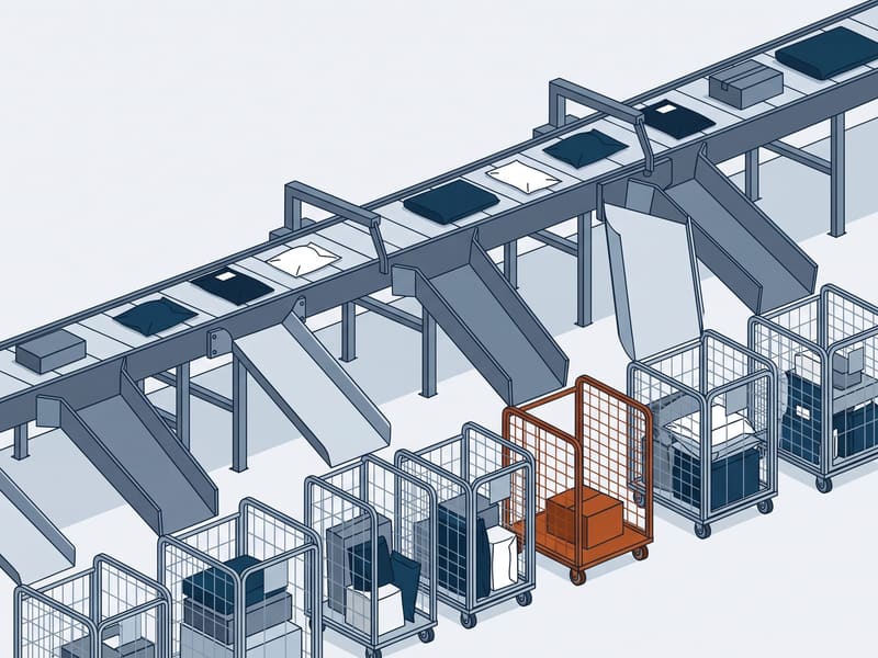 Illustration: sortation conveyor carrying parcels through a fulfillment center