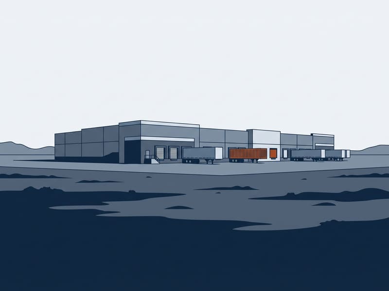 Illustration: distribution center on open desert ground with low hills behind