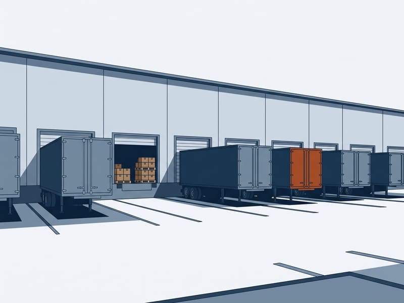 Illustration: loading dock with trailers backed up to open bay doors