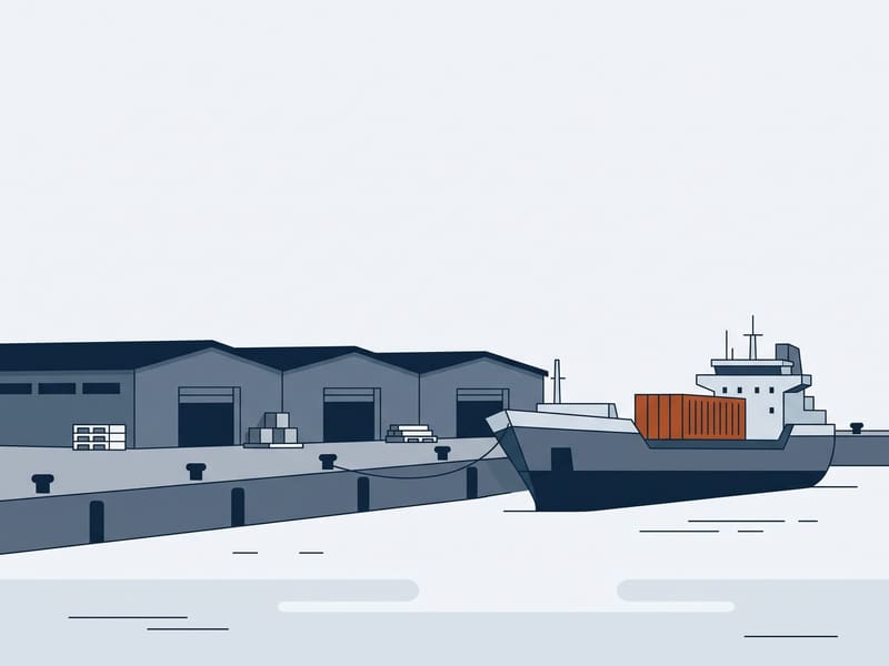 Illustration: harbor warehouses beside a quay with a moored cargo ship