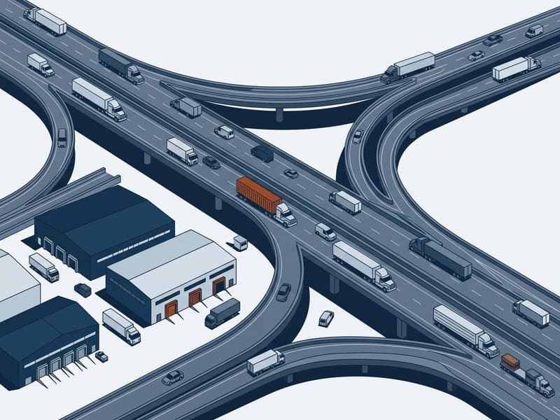 Illustration: interstate interchange with freight trucks passing a warehouse park