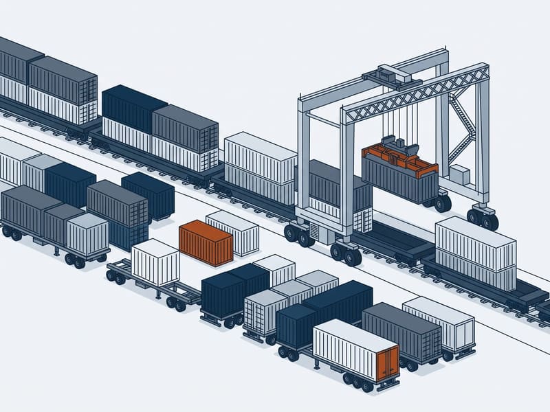 Illustration: rail intermodal yard with containers stacked on railcars