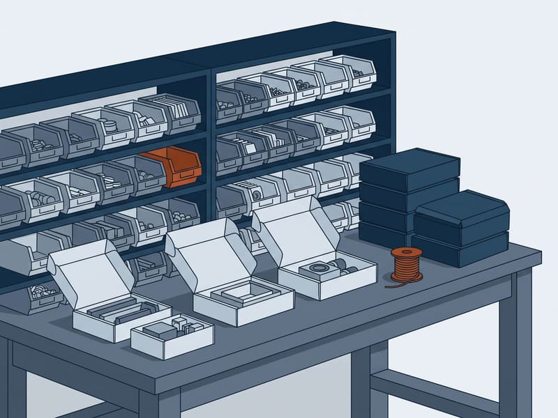 Illustration: kitting bench with component bins and assembled kits