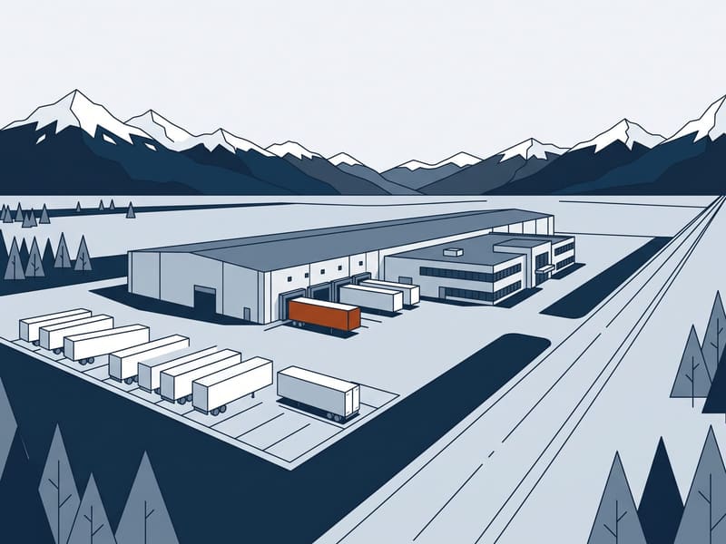 Illustration: distribution center on a valley floor with mountains behind