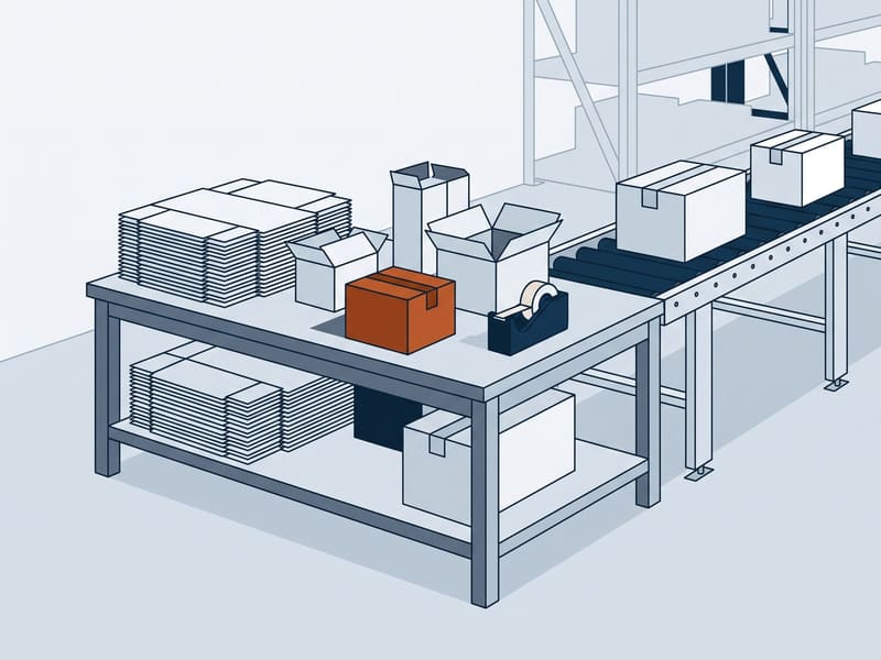 Illustration: packing station with boxes, tape and a roller conveyor