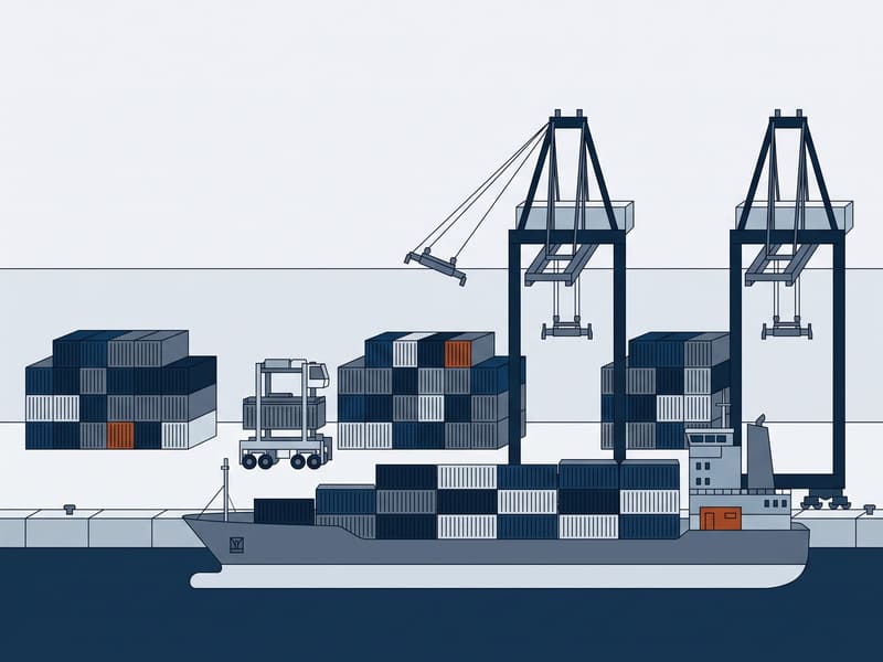 Illustration: container port with gantry cranes over stacked shipping containers